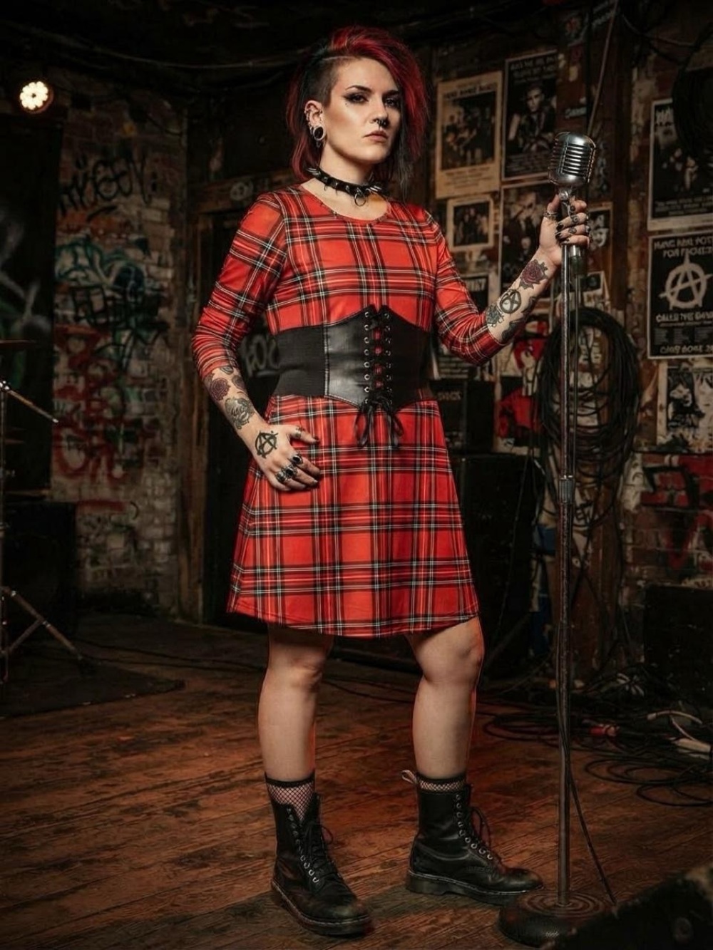 Red Plaid Long Sleeve A-Line Swing Mini Dress (M/L)